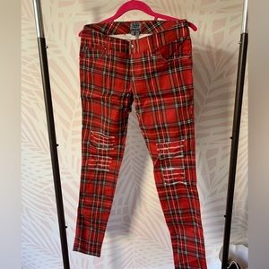 TRIPP NYC red tartan distressed pants